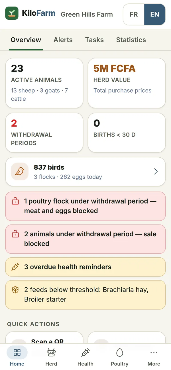 KiloFarm on a phone: Dashboard