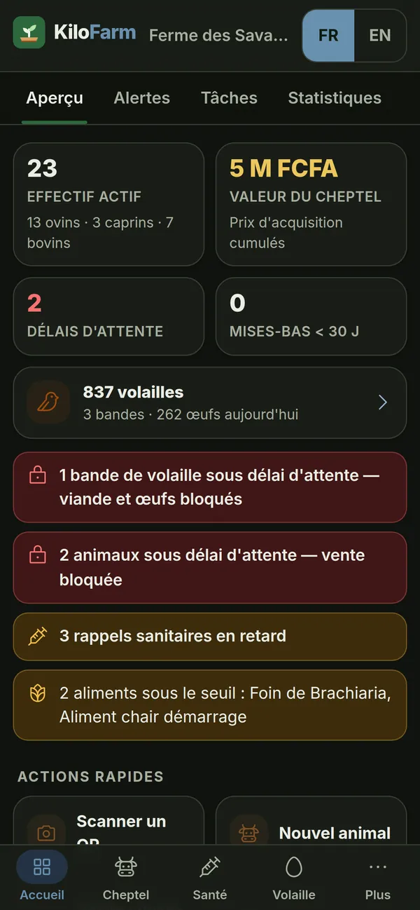 Capture de KiloFarm sur téléphone : Mode sombre
