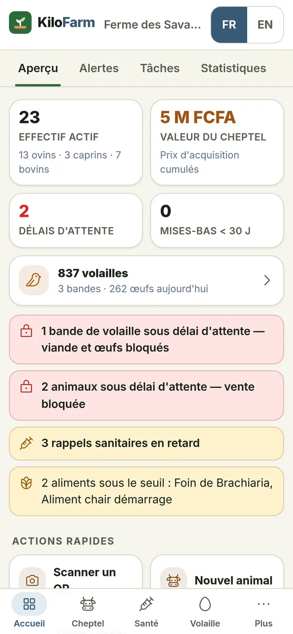 Capture de KiloFarm sur téléphone : Tableau de bord