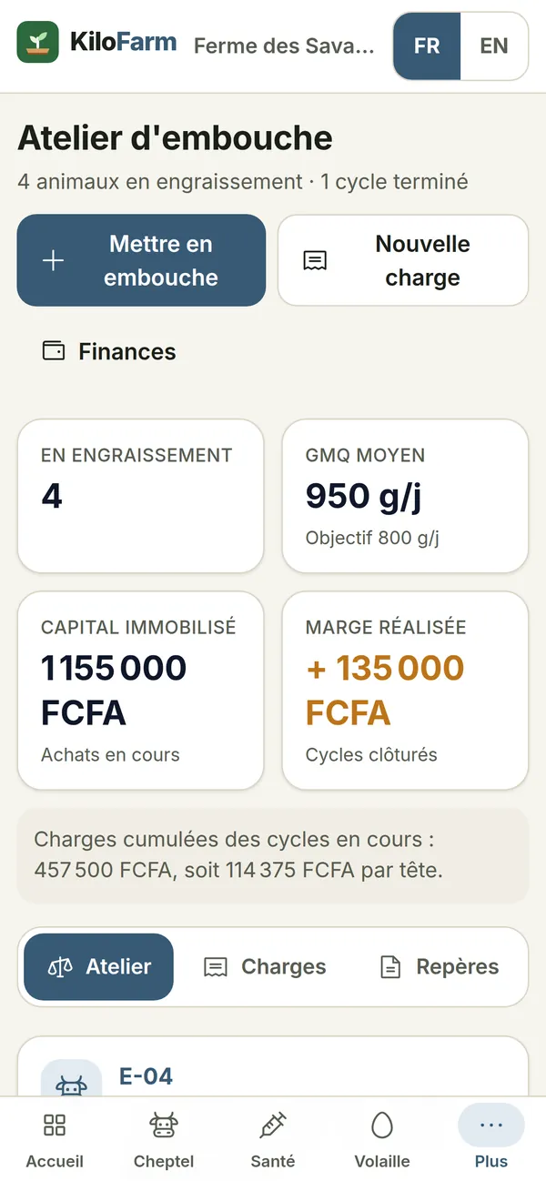 Capture de KiloFarm sur téléphone : Embouche
