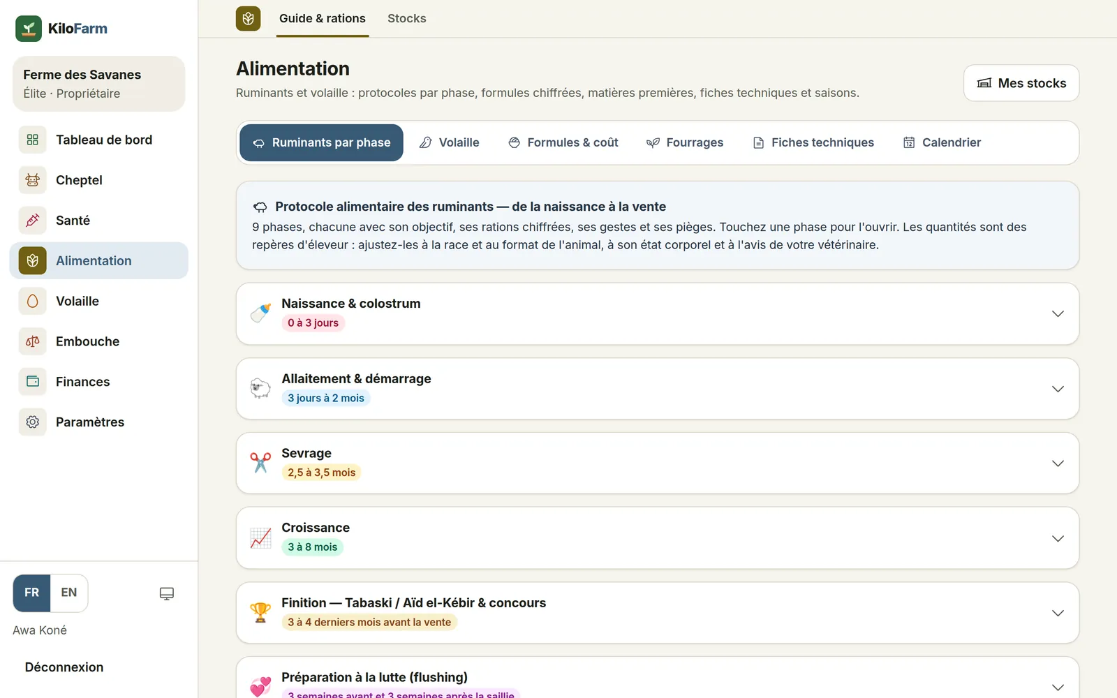 Capture de KiloFarm sur ordinateur : Alimentation