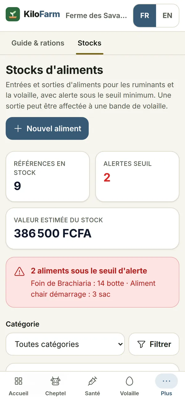 Capture de KiloFarm sur téléphone : Alimentation