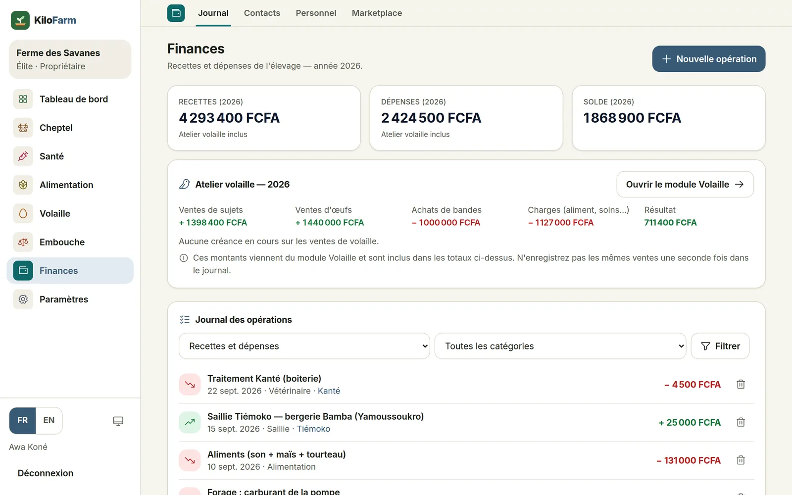 Capture de KiloFarm sur ordinateur : Finances