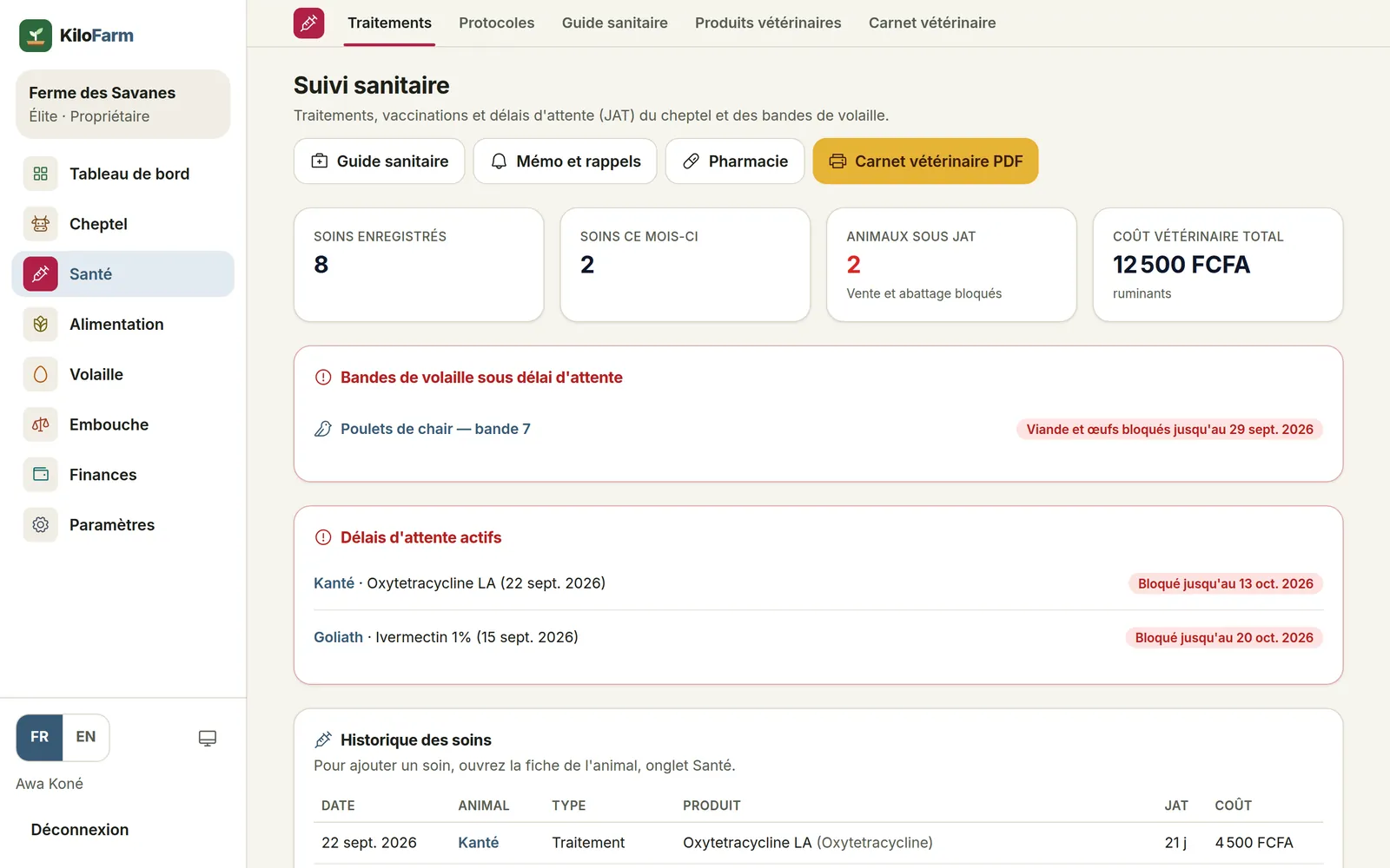 Capture de KiloFarm sur ordinateur : Santé