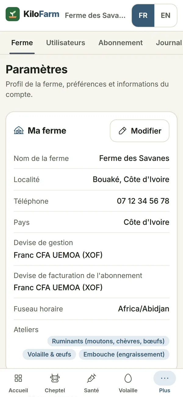 Capture de KiloFarm sur téléphone : Paramètres